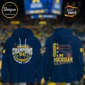 Navy blue Michigan National Champions 2026 hoodie with yellow and white text, basketball graphics, front and back design!