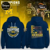 Navy blue Michigan Wolverines 2026 National Champions hoodie with yellow text and basketball graphics!