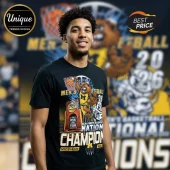 Black t-shirt with Michigan Wolverines National Champion graphic in yellow and blue, showing mascot dunking and NCAA Final Four logo!