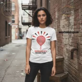 White band tee featuring red and black striped hot air balloon with anchor, radiating sun rays, and 