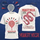 White Modest Mouse 2026 tee! Front: red black hot air balloon anchor! Back: pink polka dot snake, tour dates!