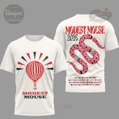 White t-shirt, front red hot air balloon graphic with Modest Mouse text, back red Modest Mouse 2026, pink spotted snake, tour dates!