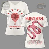 White V-neck tee with red hot air balloon anchor graphic! Front reads MODEST MOUSE! Back features pink spotted snake and 2026 tour dates!