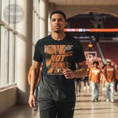 Black athletic tee with orange distressed 