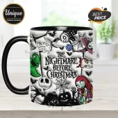 Black and white mug with The Nightmare Before Christmas text and character collage including Jack, Sally, Zero, and Oogie Boogie!