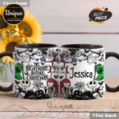 Personalized black mug with The Nightmare Before Christmas characters Jack Skellington and Sally! Custom name 