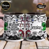 Personalized black and white mug with 3D pattern of The Nightmare Before Christmas characters Jack, Sally, and Oogie Boogie!