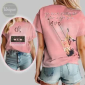 Pink vintage tee with retro cassette graphic and 'OR' on front, 'you seem pretty sad for a girl so in love' with upside-down swinging girl cartoon on back!