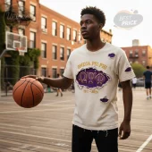 Off-white distressed t-shirt featuring ripped gold OMEGA PSI PHI text above purple ΩΨΦ letters and 1911-2026 numbers!