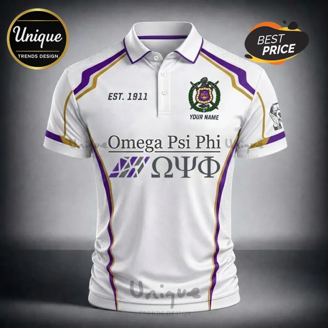 Omega Psi Phi Personalized Est. 1911 Purple & Gold Polo Shirt Omega Psi Phi Personalized Est. 1911 Purple & Gold Polo Shirt
