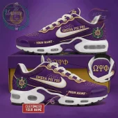 Purple, gold, white custom athletic sneakers. OMEGA PSI PHI, ΩΨΦ symbols, YOUR NAME text on sides and tongue!
