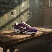 Purple and white custom sneaker with gold accents, features Omega Psi Phi text, an ΩΨΦ crest, and editable 'YOUR NAME' text!