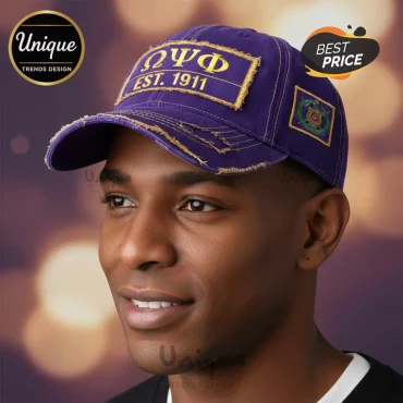 Omega Psi Phi Purple & Gold Distressed Baseball Cap