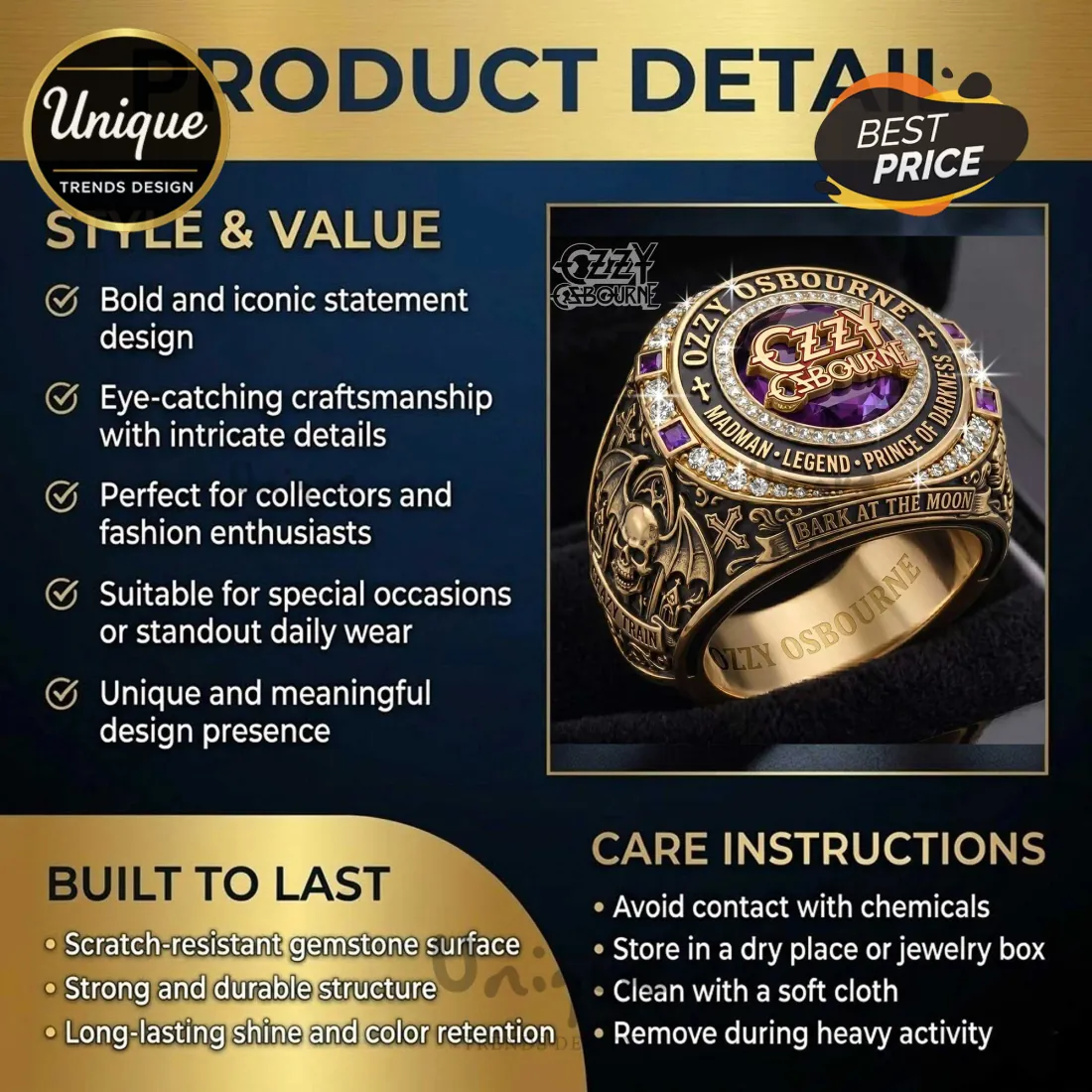 Ozzy Osbourne Madman Legend Gold Tone Skull Bat Wings Commemorative Ring Ozzy Osbourne Madman Legend Gold Tone Skull Bat Wings Commemorative Ring