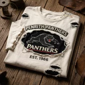 Cream distressed tee with black retro Penrith Panthers logo! Features a black panther with red mouth,