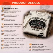 Cream distressed t-shirt featuring a black oval patch with a roaring panther logo,