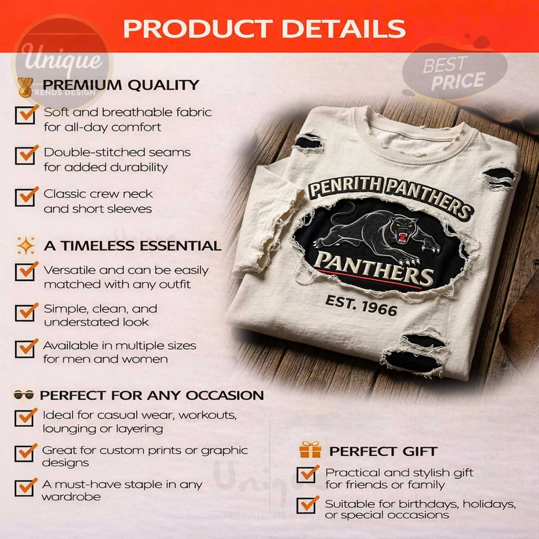 Penrith Panthers Distressed Vintage EST. 1966 T-Shirt Penrith Panthers Distressed Vintage EST. 1966 T-Shirt