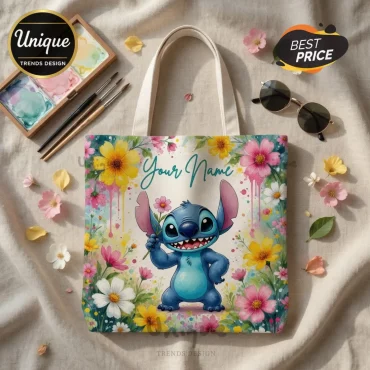 Personalized Disney Stitch Floral Watercolor Custom Name Tote Bag