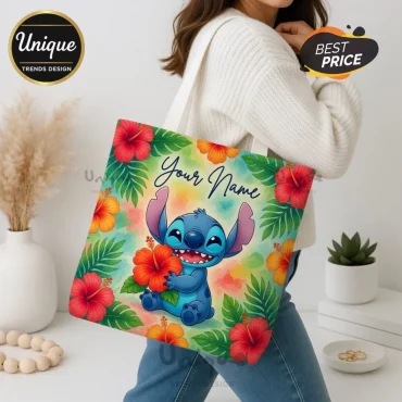 Personalized Disney Stitch Floral Watercolor Custom Name Tote Bag