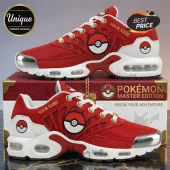 Custom red and white athletic sneakers with an embroidered Poké Ball patch and a silver toe cap featuring the text 'YOUR NAME'!