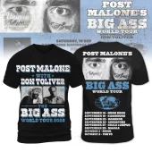 Black V-neck tee with light blue and white Post Malone Don Toliver Big Ass World Tour 2026 concert graphics, front and back!