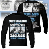 Black long sleeve concert shirt, Post Malone Don Toliver Big Ass World Tour 2026 text, Post Malone's eyes, global tour cities!