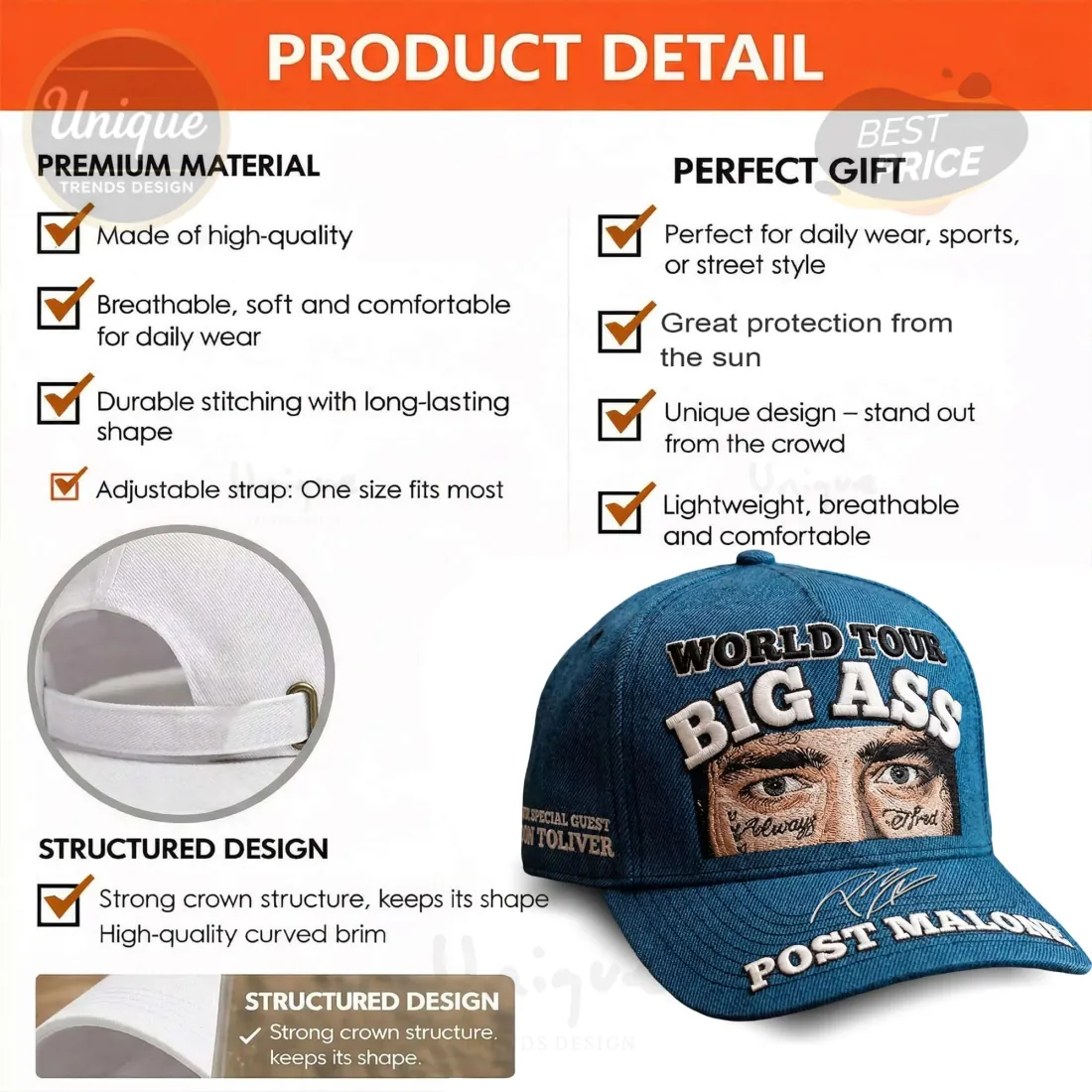 Post Malone Official World Tour Big Ass Eye Graphic Denim Cap Post Malone Official World Tour Big Ass Eye Graphic Denim Cap