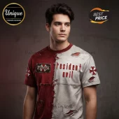 Distressed red and grey split t-shirt with Resident Evil text and Umbrella Corporation logos on sleeves!