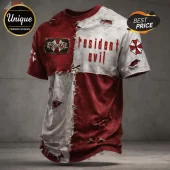 Distressed red and white patchwork tee with Resident Evil text and red Umbrella Corporation logos on the sleeves!