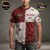 Red and white stitched t-shirt with distressed tears,