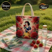 Snow White Personalized Red Rose Floral Custom Name Canvas Tote Bag