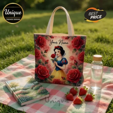 Snow White Personalized Red Rose Floral Custom Name Canvas Tote Bag