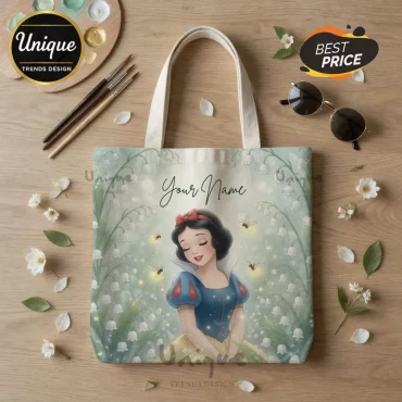 Snow White Personalized Red Rose Floral Custom Name Canvas Tote Bag