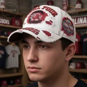 White distressed baseball cap with red C Gamecock logo, FINAL FOUR, CAROLINA COCKS text, and multi-color side patch!