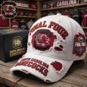 White distressed baseball cap with red Gamecocks logo, FINAL FOUR, SOUTH CAROLINA GAMECOCKS, 2026 WOMEN'S FINAL FOUR PHOENIX text!