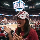 Distressed white baseball cap with red black mascot logo and 