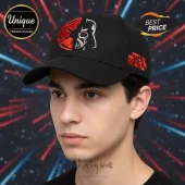 Black baseball cap with embroidered split Darth Vader helmet and red Galactic Empire symbol! Star Wars logo on the side!