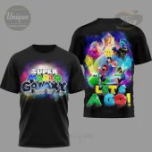 Black Super Mario Galaxy t-shirt with front 'SUPER MARIO GALAXY' text and back characters/ 'LET'S A GO!' in colorful retro style!