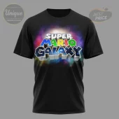 Black t-shirt featuring a vibrant Super Mario Galaxy logo! White SUPER text, colorful MARIO, blue galaxy GALAXY letters, nebula background!