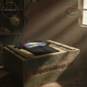 Black tee with vibrant rainbow gradient retro gamer text 