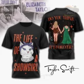 Black tee, pop art showgirl cat, 