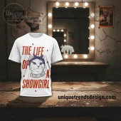 White tee with a cartoon cat wearing a purple bandana and spiked collar, red distressed text 