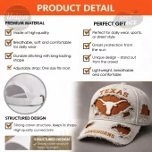 Distressed white baseball cap with ripped fabric, orange longhorn logo,