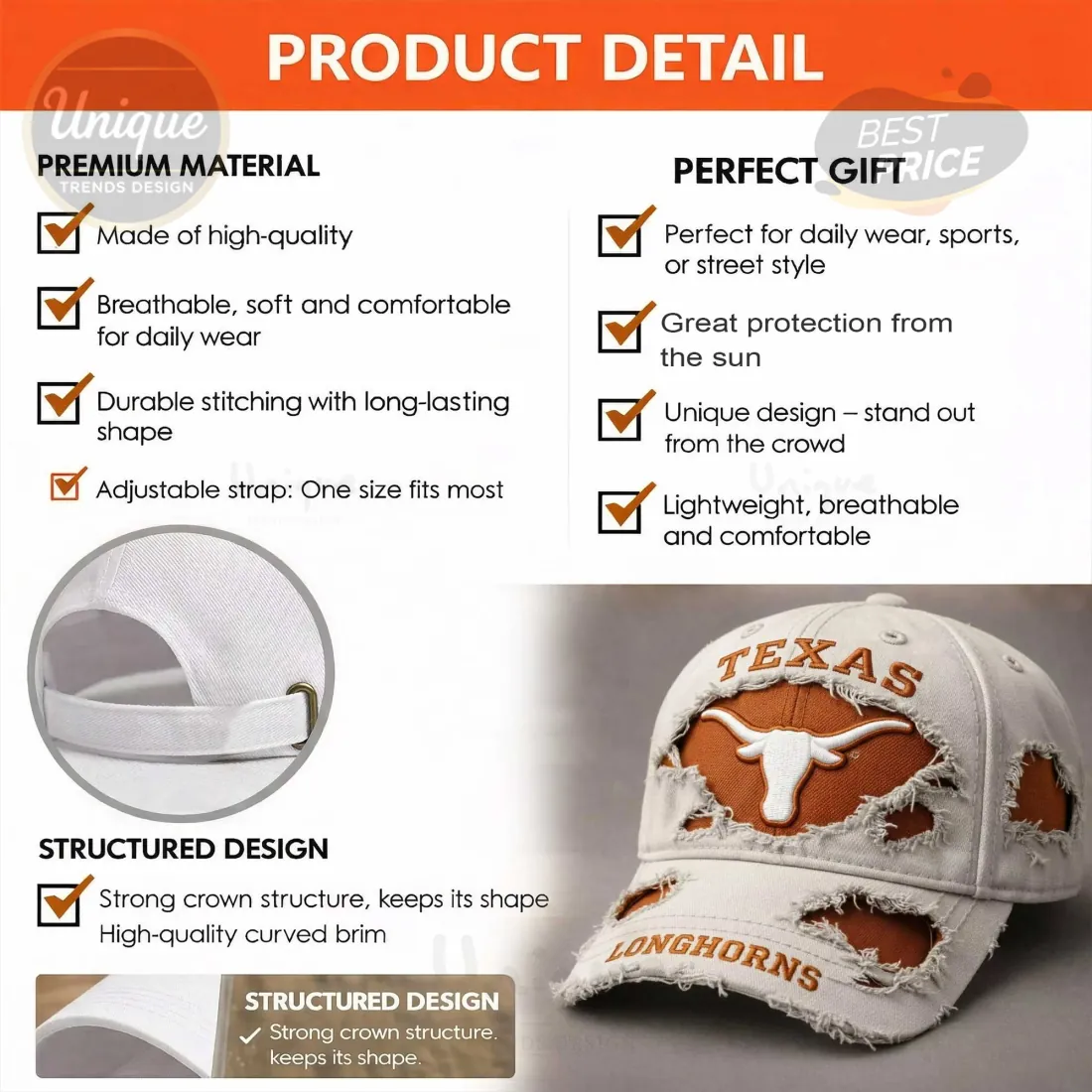 Texas Longhorns Distressed Embroidered Logo Adjustable Baseball Cap Texas Longhorns Distressed Embroidered Logo Adjustable Baseball Cap
