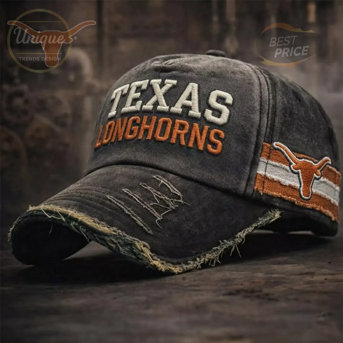 Texas Longhorns Distressed Vintage Washed Embroidered Logo Baseball Cap Texas Longhorns Distressed Vintage Washed Embroidered Logo Baseball Cap