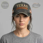 Distressed charcoal vintage baseball cap with tan 'TEXAS' and orange 'LONGHORNS' embroidery, featuring side stripes!