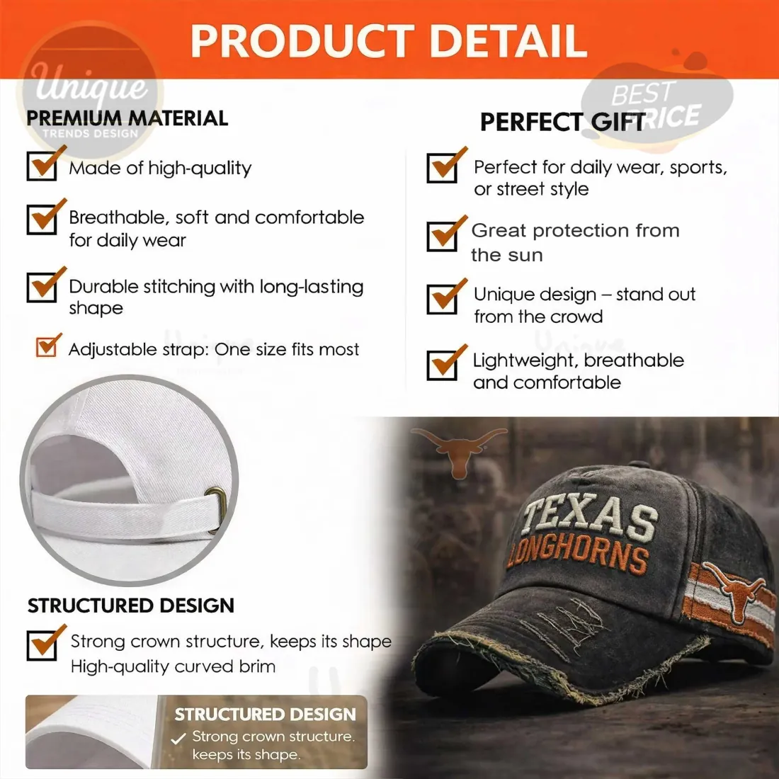 Texas Longhorns Distressed Vintage Washed Embroidered Logo Baseball Cap Texas Longhorns Distressed Vintage Washed Embroidered Logo Baseball Cap