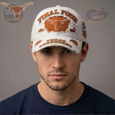 Texas Longhorns Final Four NCAA Distressed White Embroidered Baseball Cap Texas Longhorns Final Four NCAA Distressed White Embroidered Baseball Cap