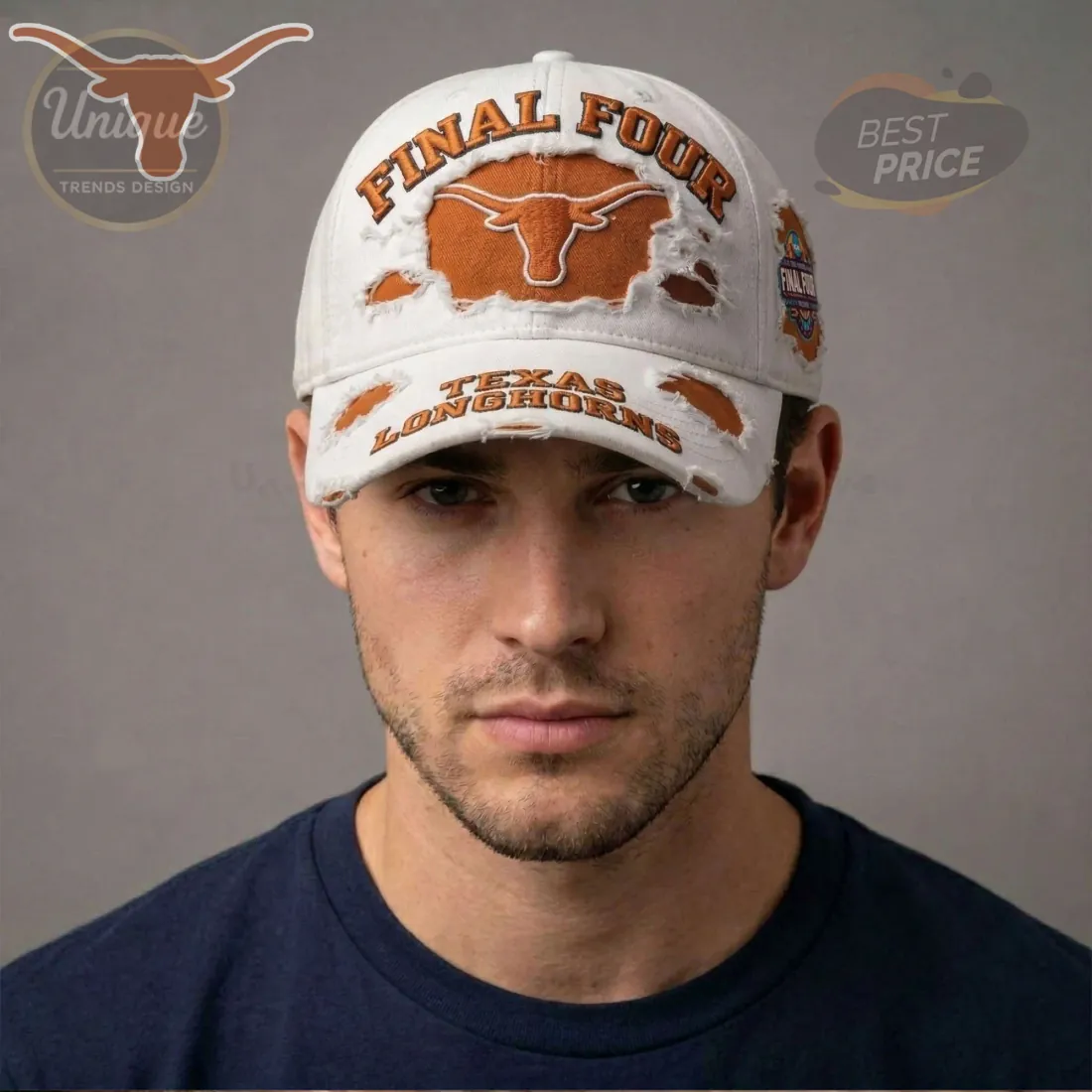 Texas Longhorns Final Four NCAA Distressed White Embroidered Baseball Cap Texas Longhorns Final Four NCAA Distressed White Embroidered Baseball Cap