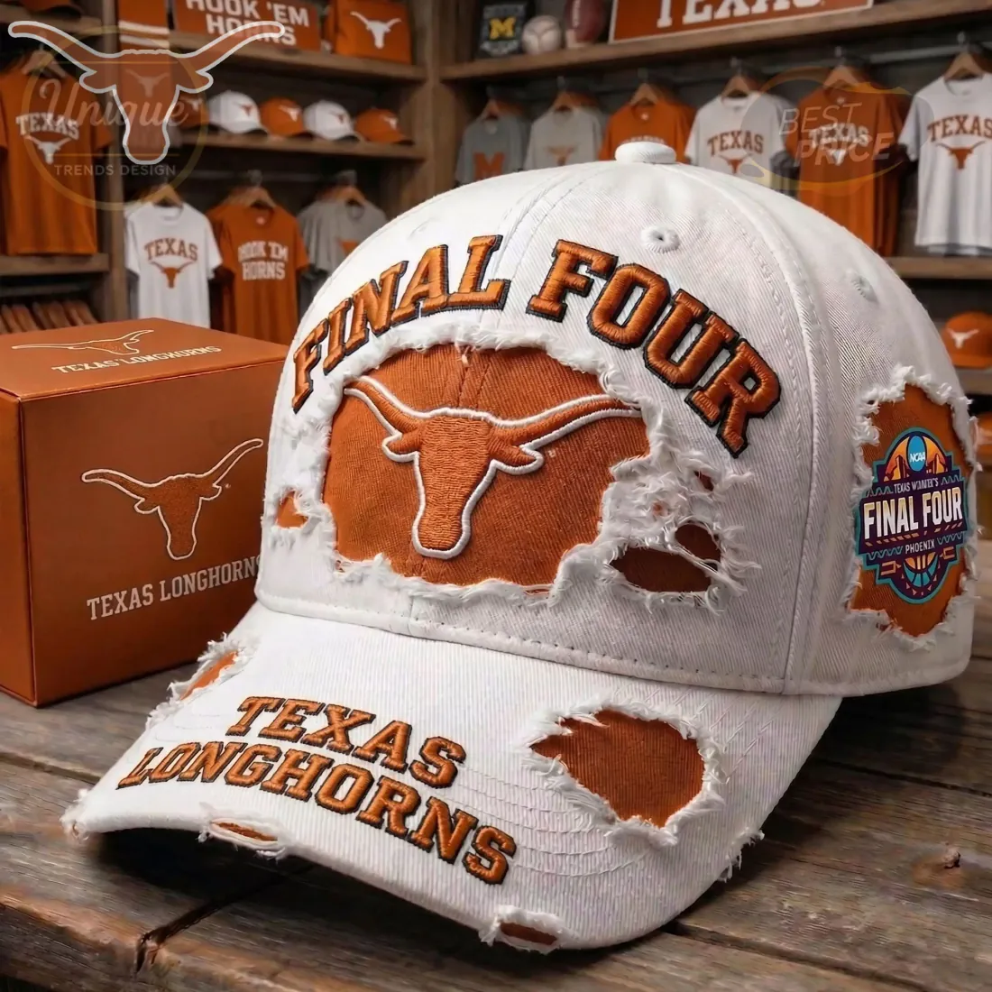 Texas Longhorns Final Four NCAA Distressed White Embroidered Baseball Cap Texas Longhorns Final Four NCAA Distressed White Embroidered Baseball Cap